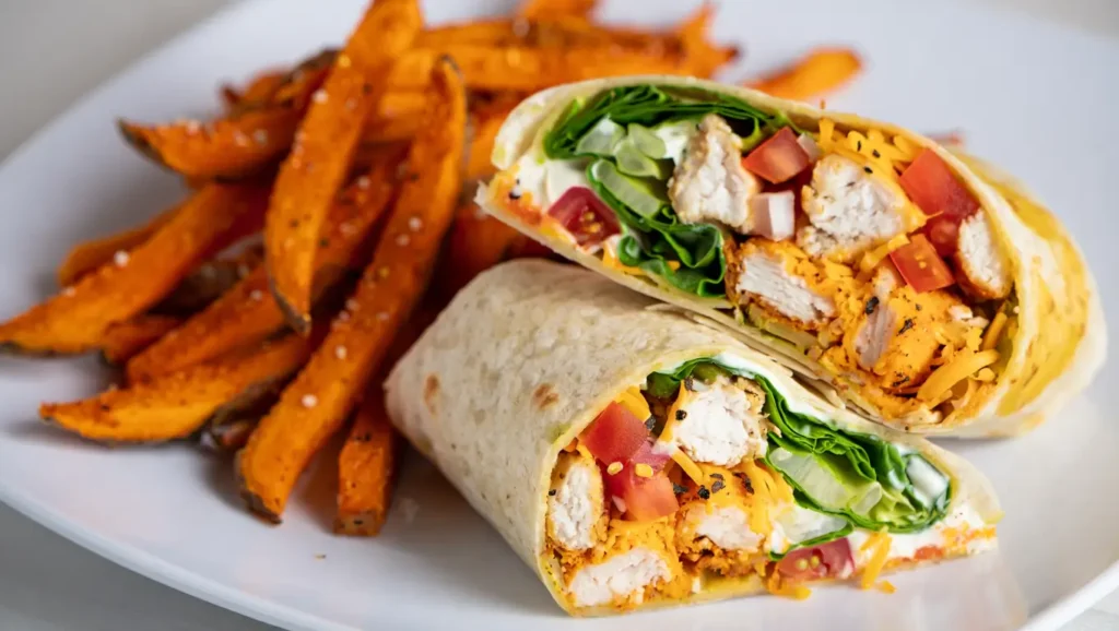 buffalo Chicken Wrap and Sweet Potato Fries